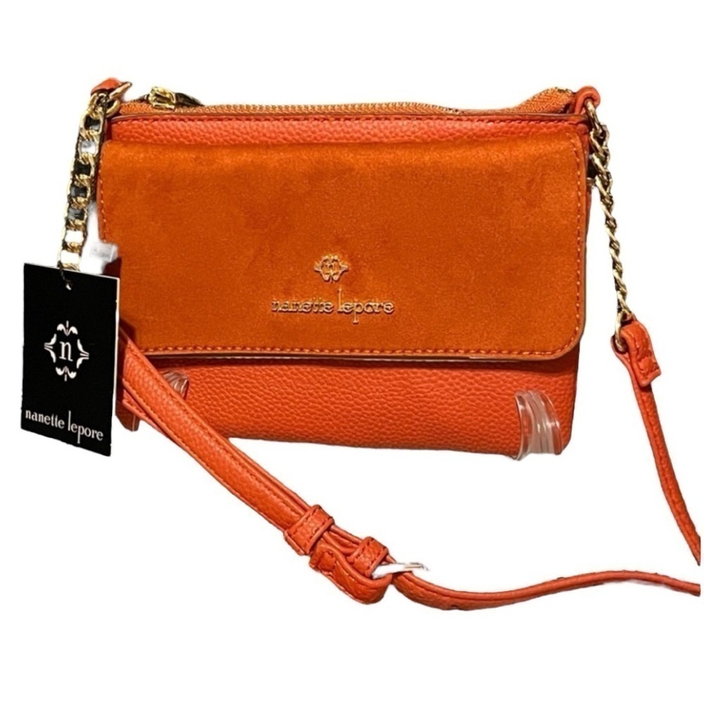 NANETTE LEPORE MSRP $39 Crossbody Bag with Suede Flap & Vegan Leather in Pumpkin - Picture 3 of 10